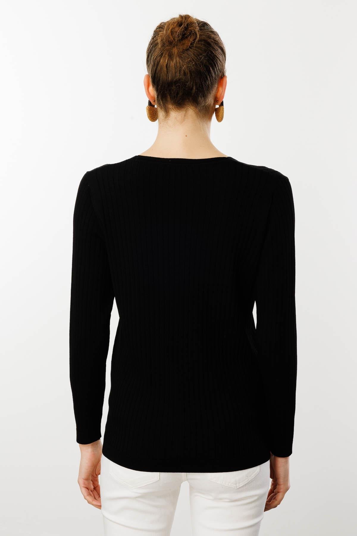 25353Kadın V Yaka Fitilli Triko Bluz Siyah