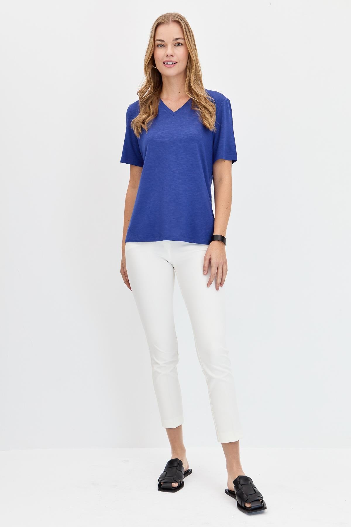 KMY24085Kadın V Yaka Flamlı Kumaş Basic Tshirt İndigo