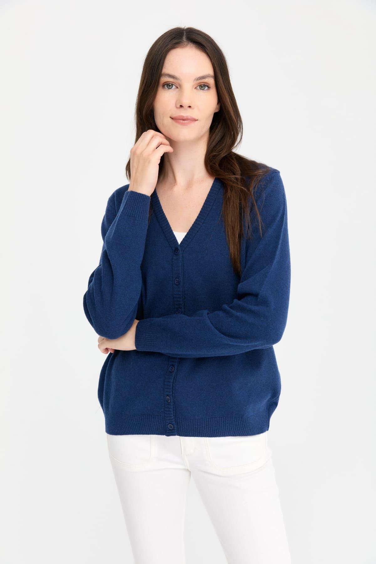 21021Kadın V Yaka Hırka Yün İndigo