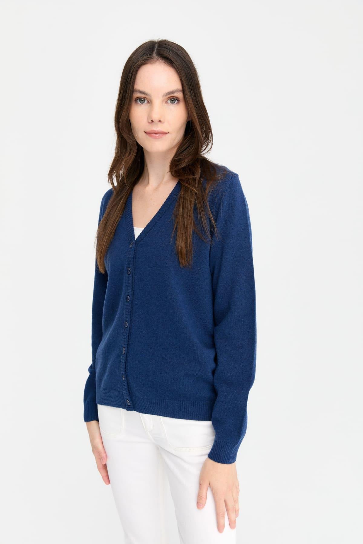 21021Kadın V Yaka Hırka Yün İndigo