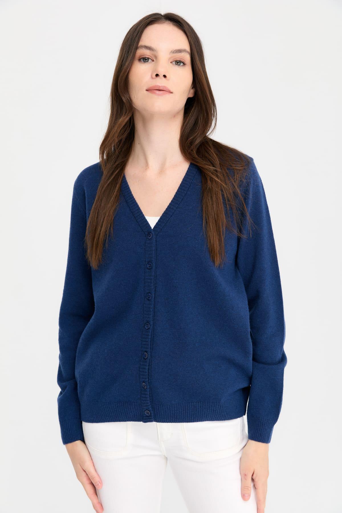21021Kadın V Yaka Hırka Yün İndigo