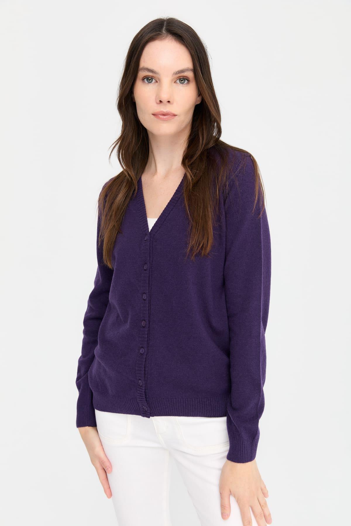 21021Kadın V Yaka Hırka Yün K.Mor