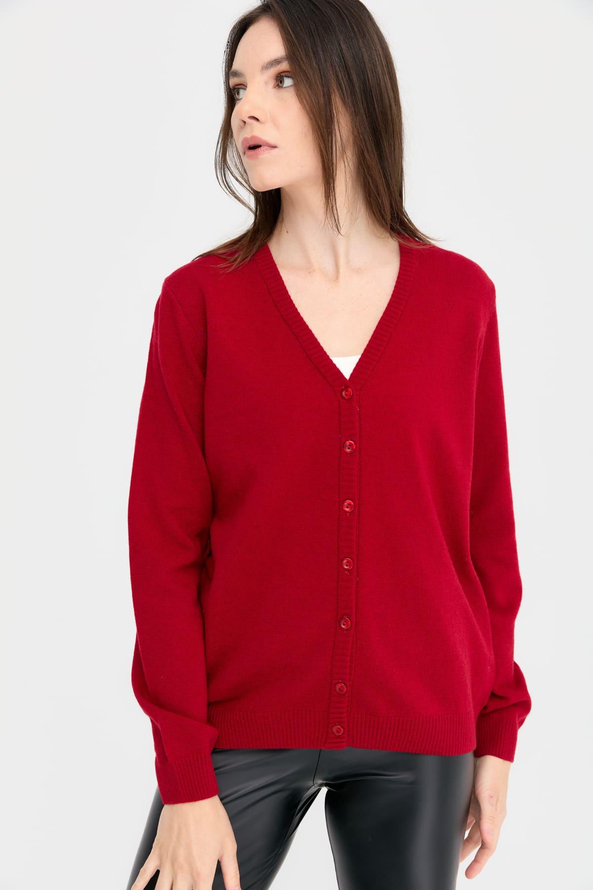 21021Kadın V Yaka Hırka Yün K.Kırmızı