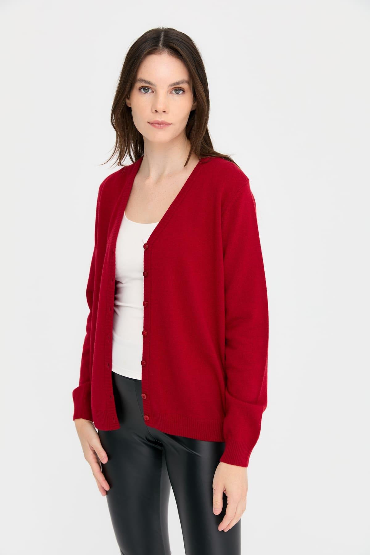 21021Kadın V Yaka Hırka Yün K.Kırmızı