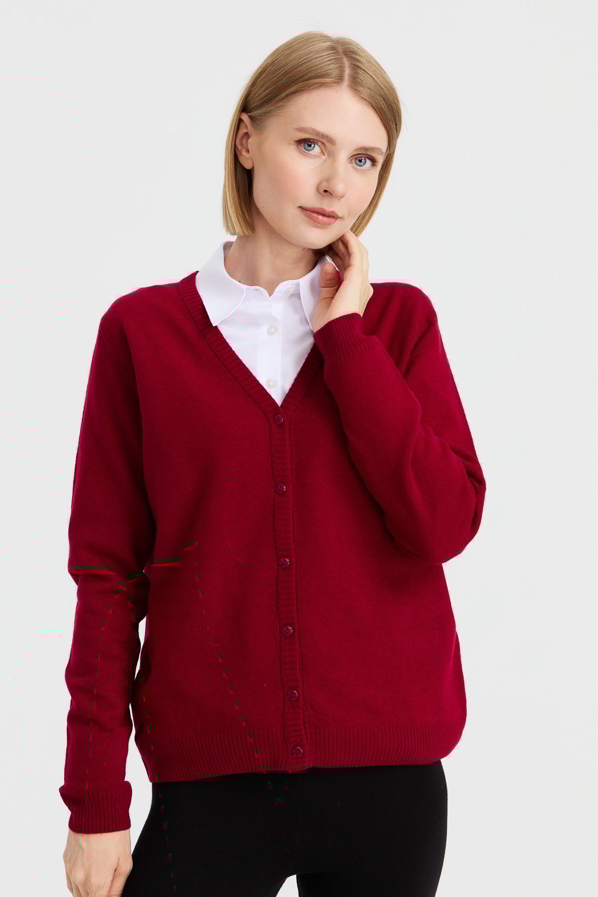 21021Kadın V Yaka Hırka Yün Vişne