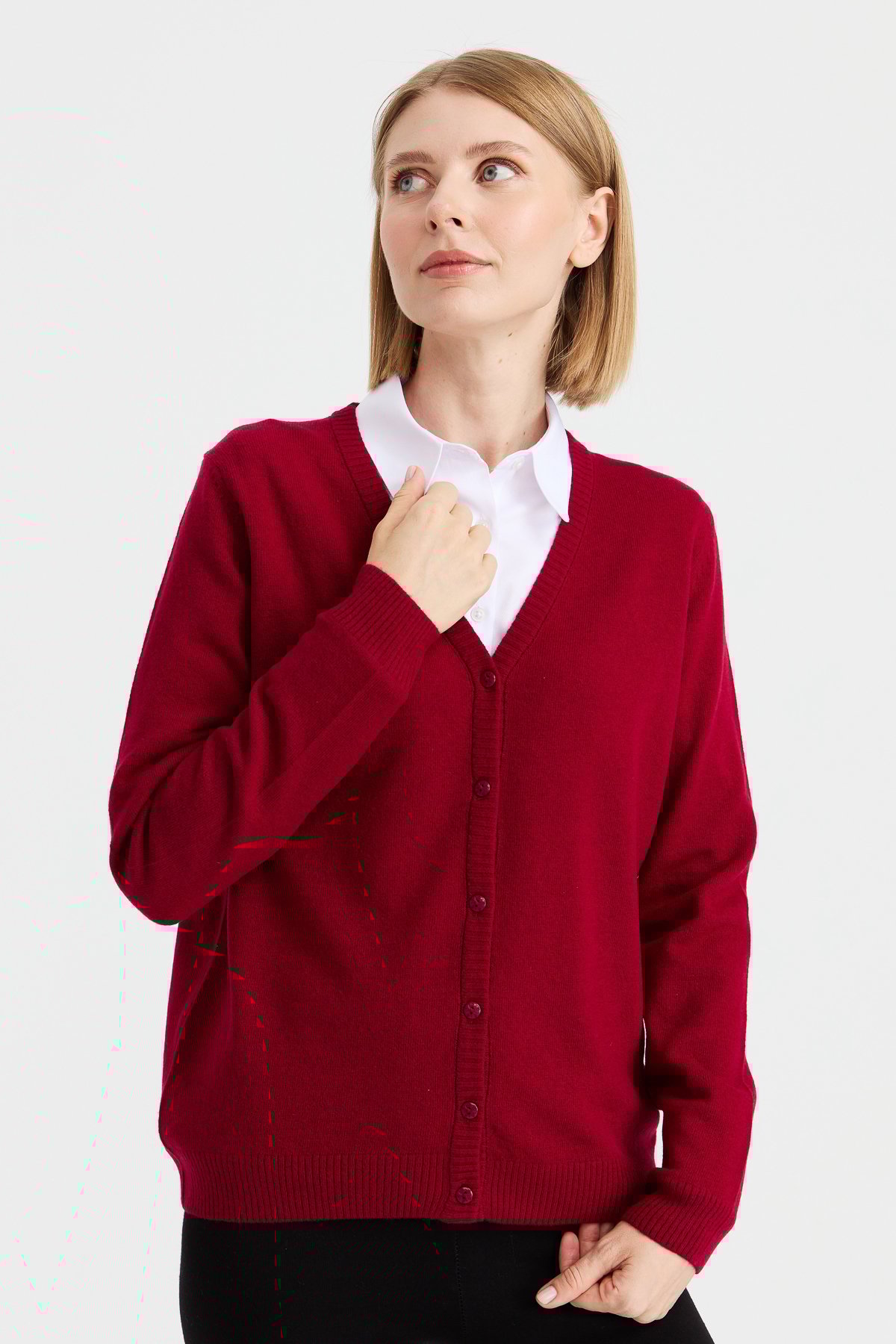 21021Kadın V Yaka Hırka Yün Vişne