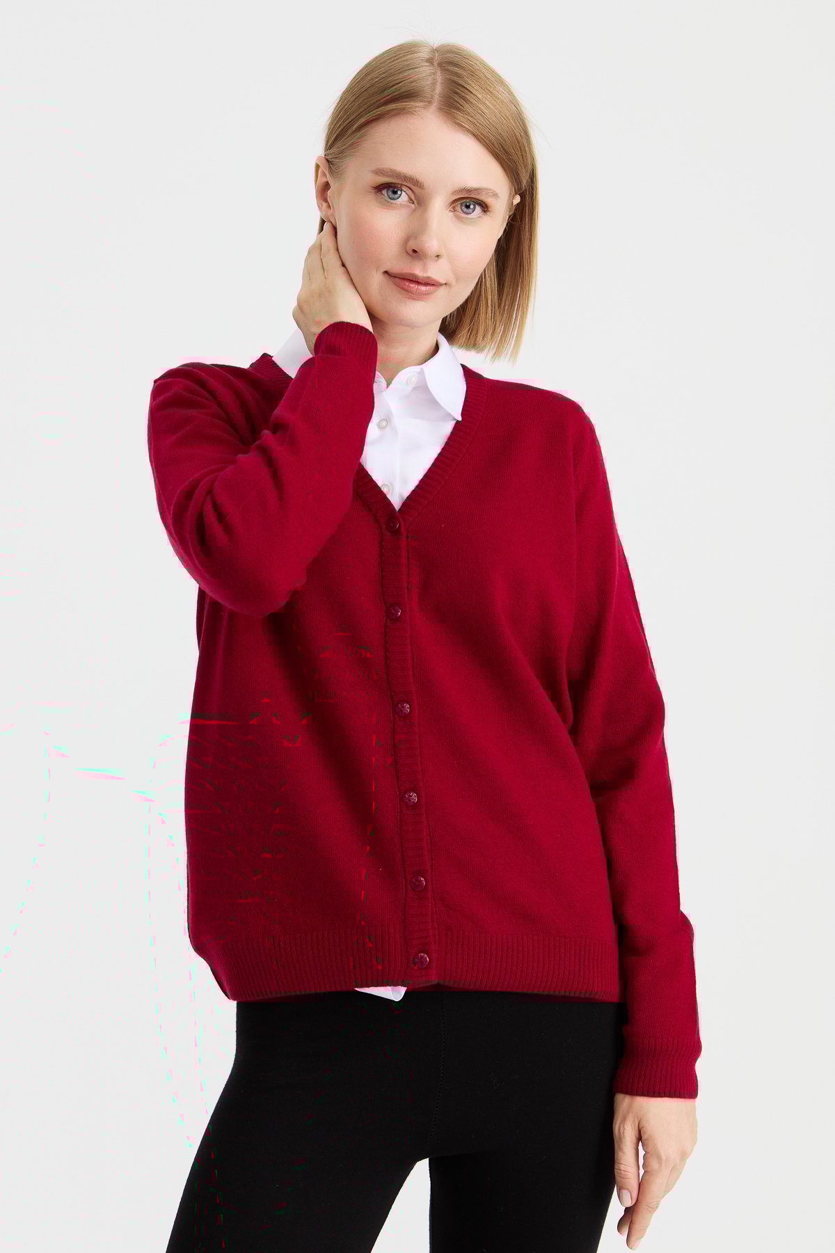 21021Kadın V Yaka Hırka Yün Vişne