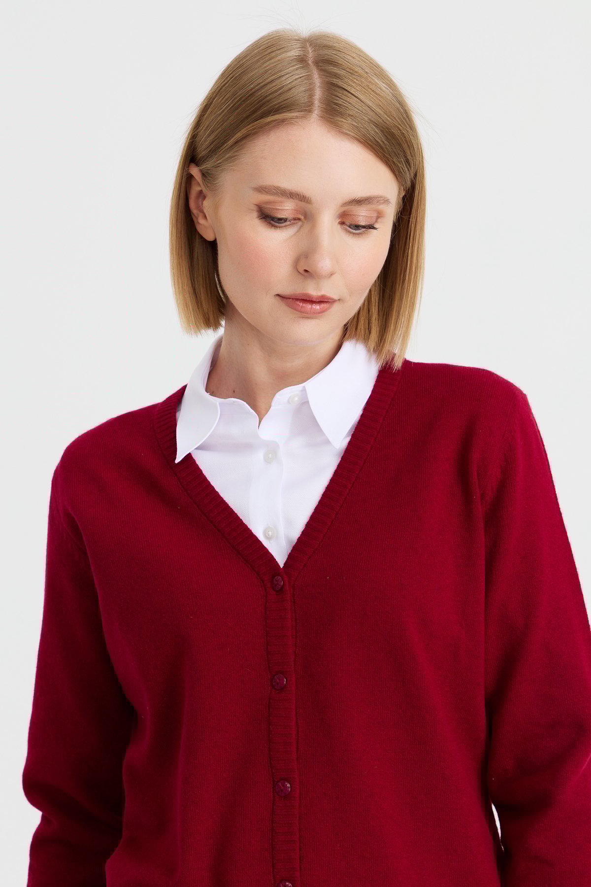 21021Kadın V Yaka Hırka Yün Vişne