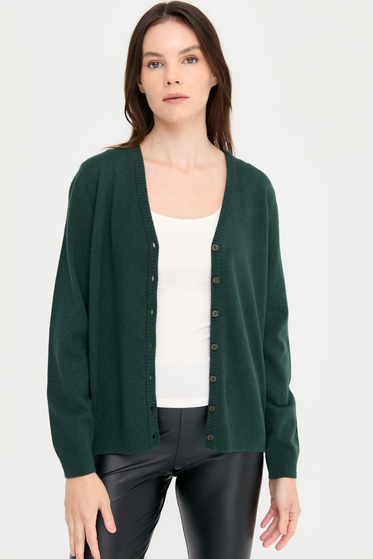 21021Kadın V Yaka Hırka Yün Yeşil