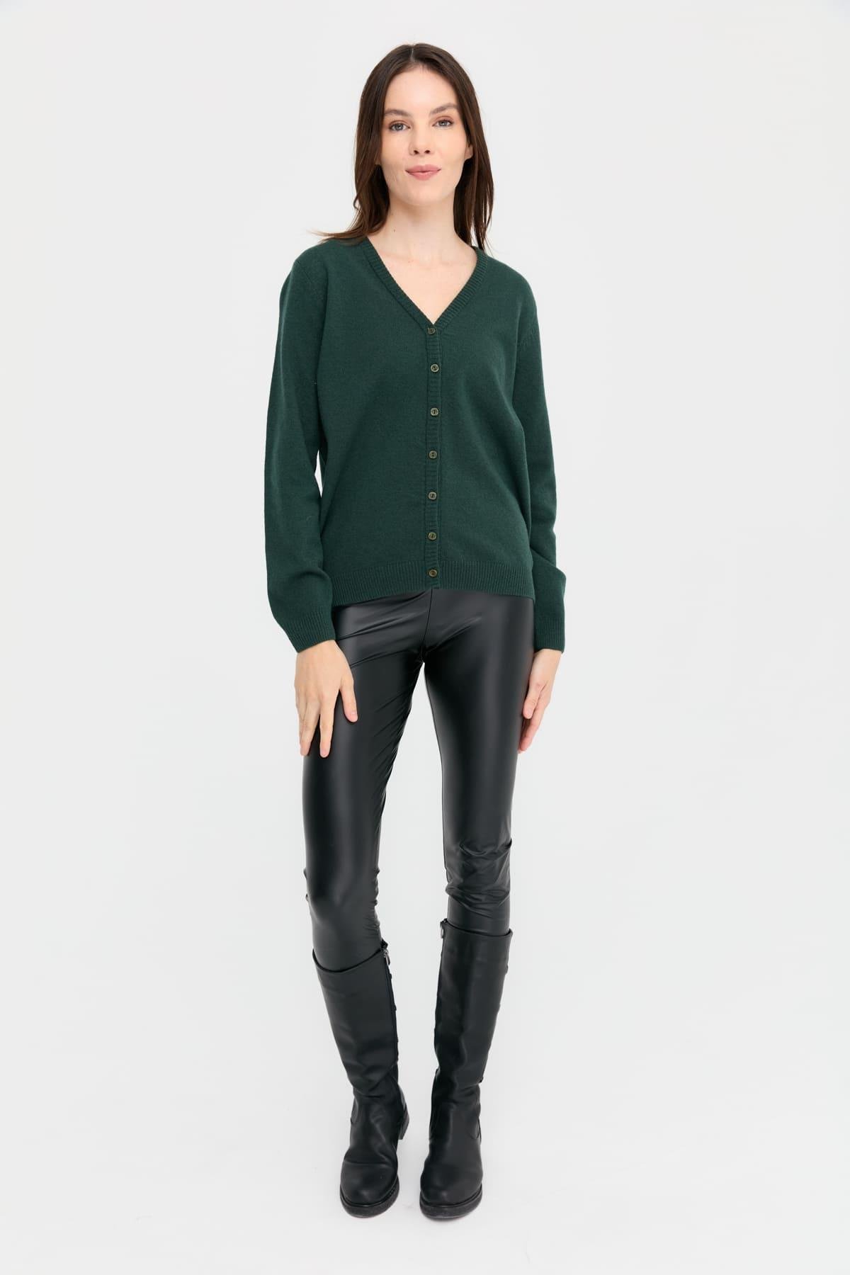 21021Kadın V Yaka Hırka Yün Yeşil