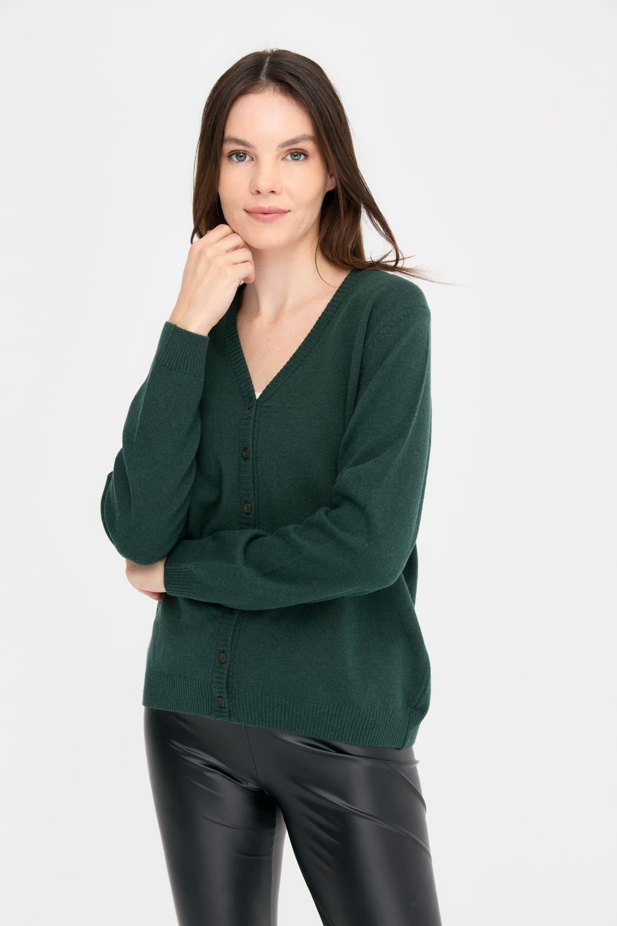 21021Kadın V Yaka Hırka Yün Yeşil