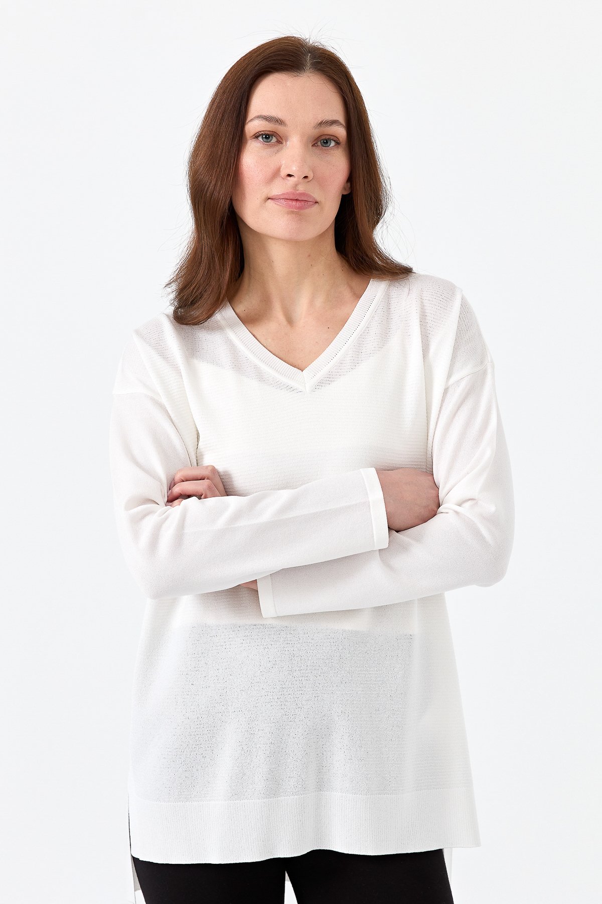 20352Kadın V Yaka İnce Triko Bluz Ekru