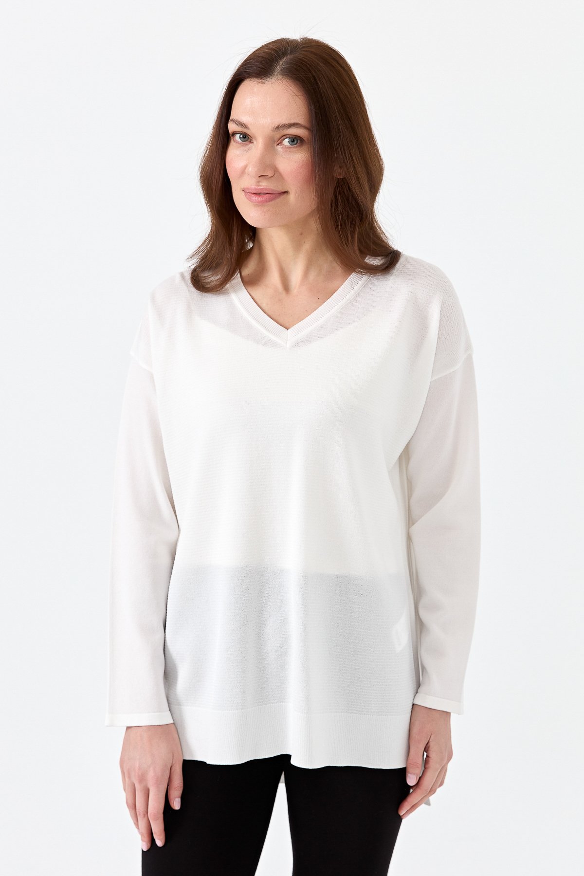 20352Kadın V Yaka İnce Triko Bluz Ekru