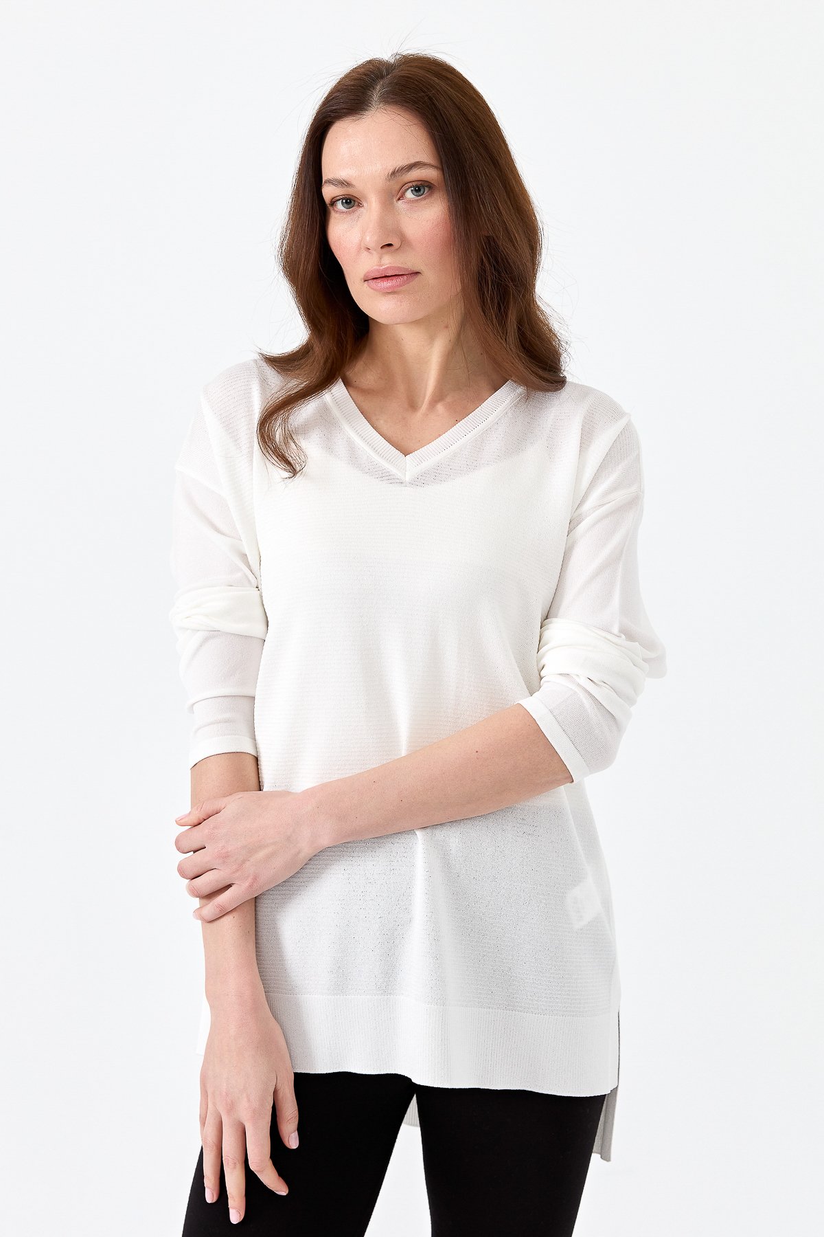 20352Kadın V Yaka İnce Triko Bluz Ekru
