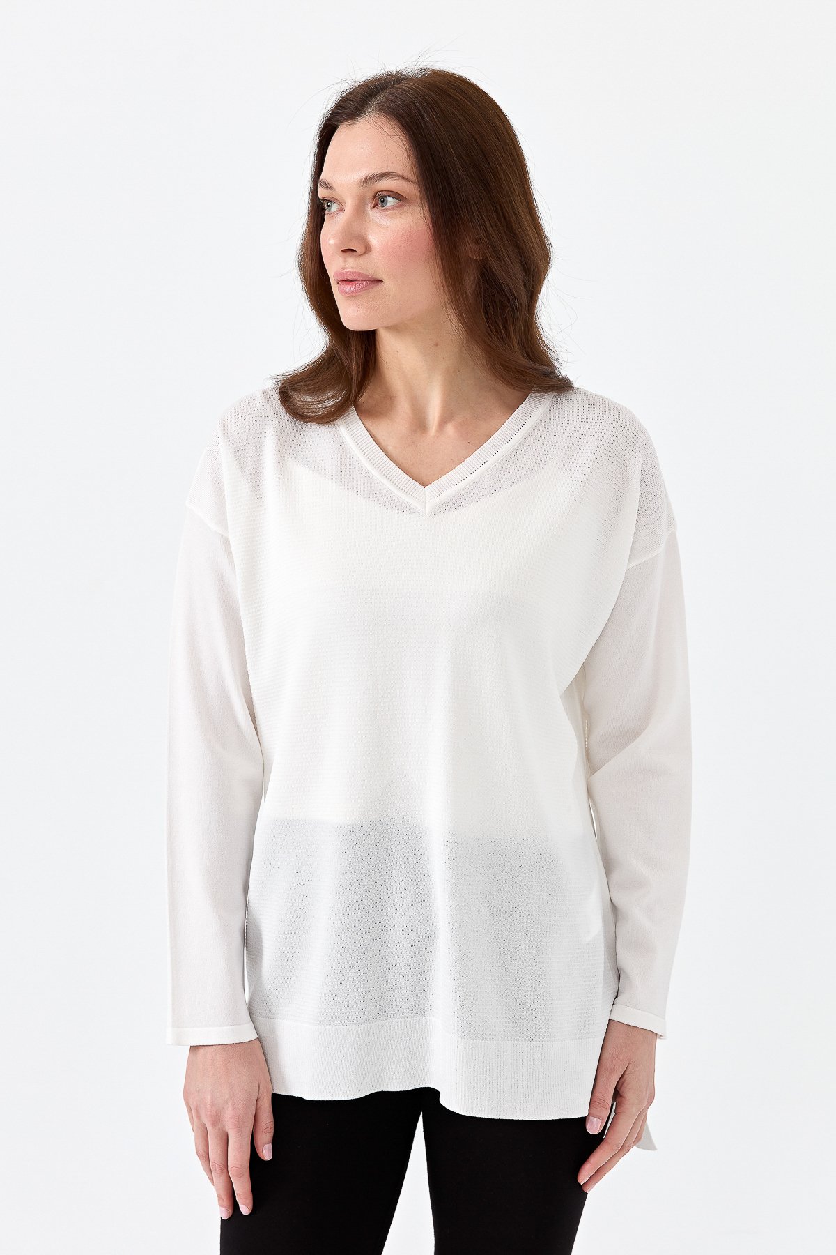 20352Kadın V Yaka İnce Triko Bluz Ekru