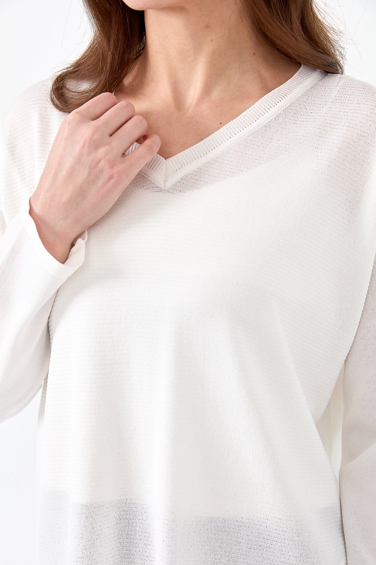 20352Kadın V Yaka İnce Triko Bluz Ekru