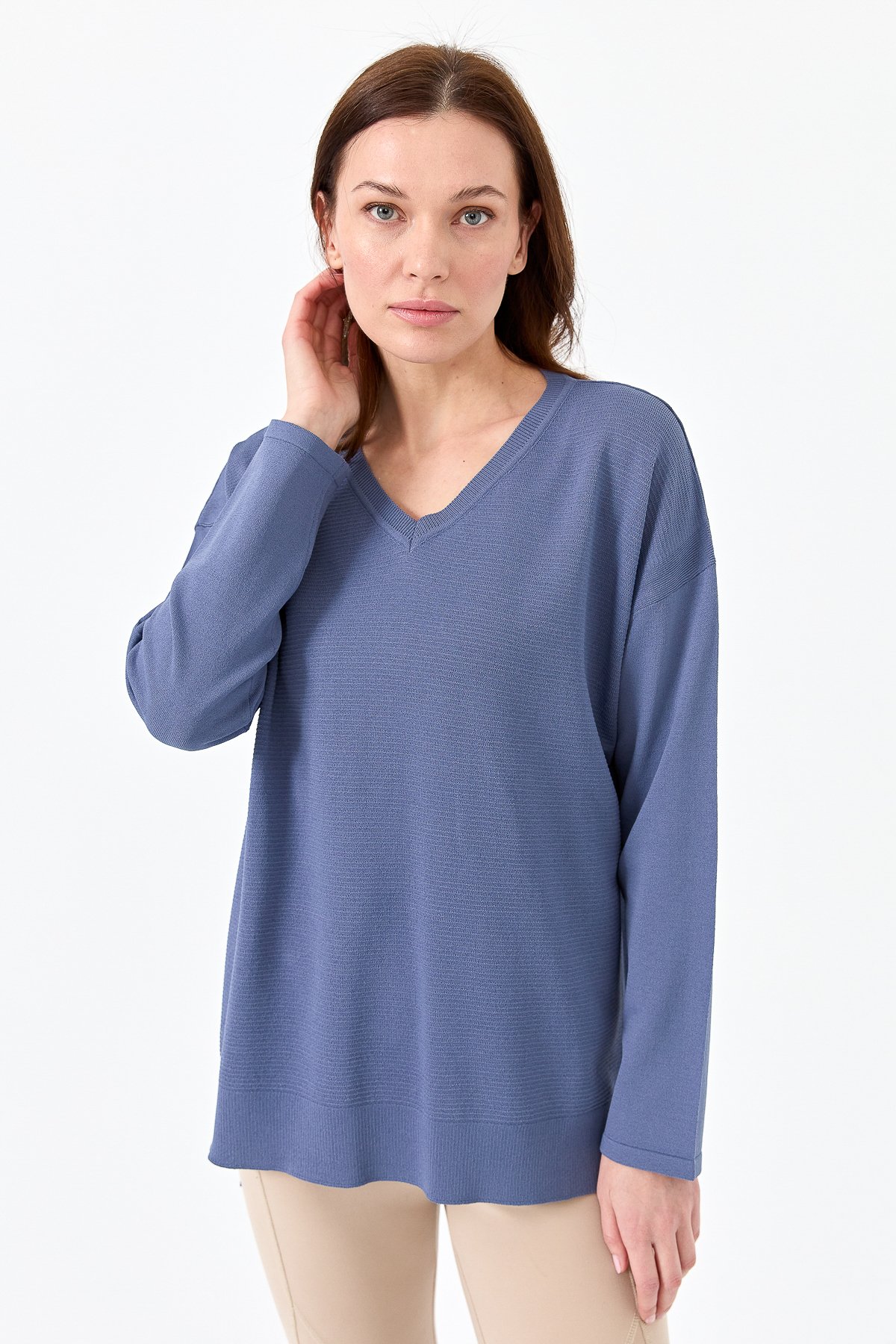 20352Kadın V Yaka İnce Triko Bluz İndigo
