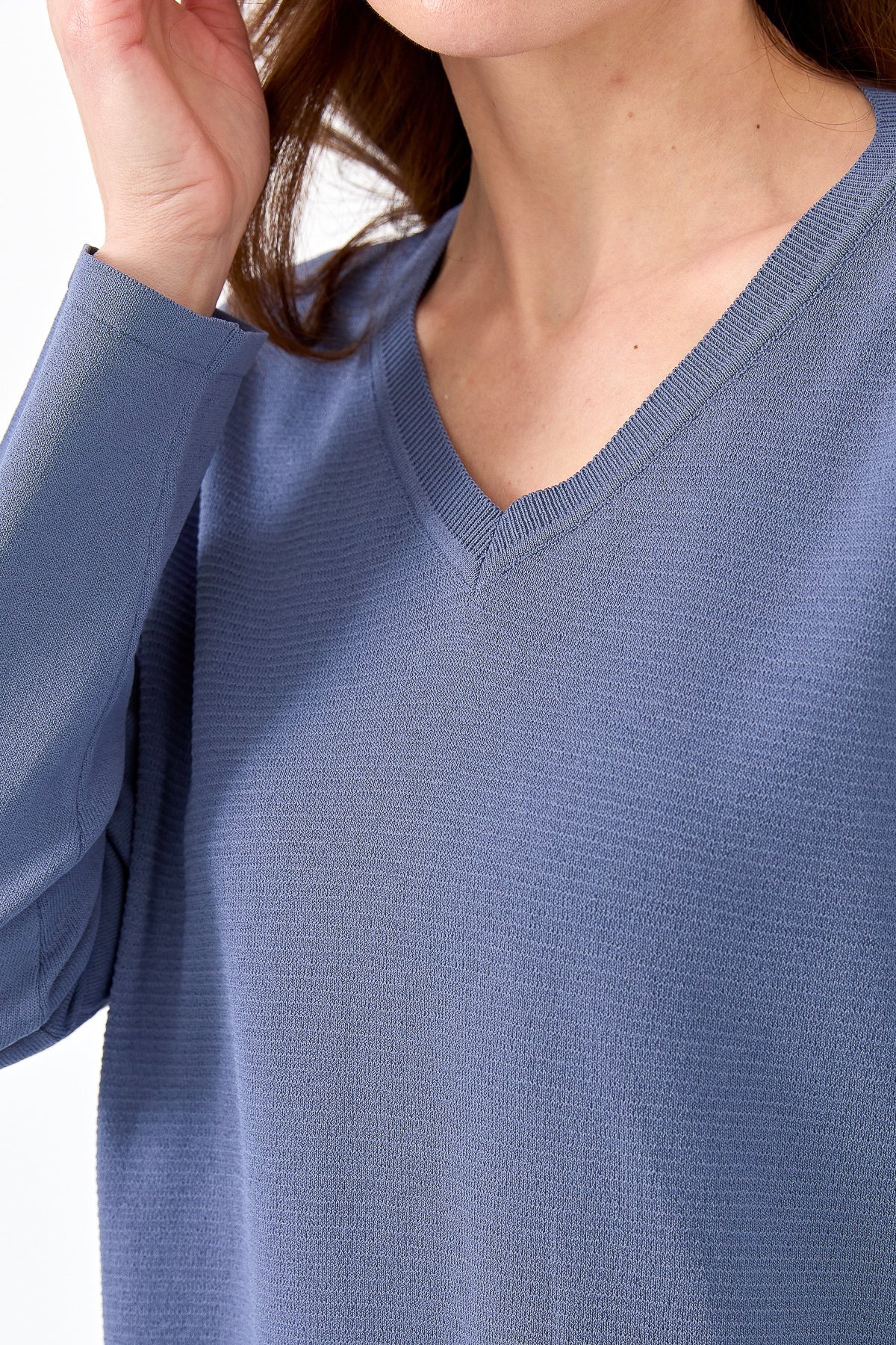 20352Kadın V Yaka İnce Triko Bluz İndigo