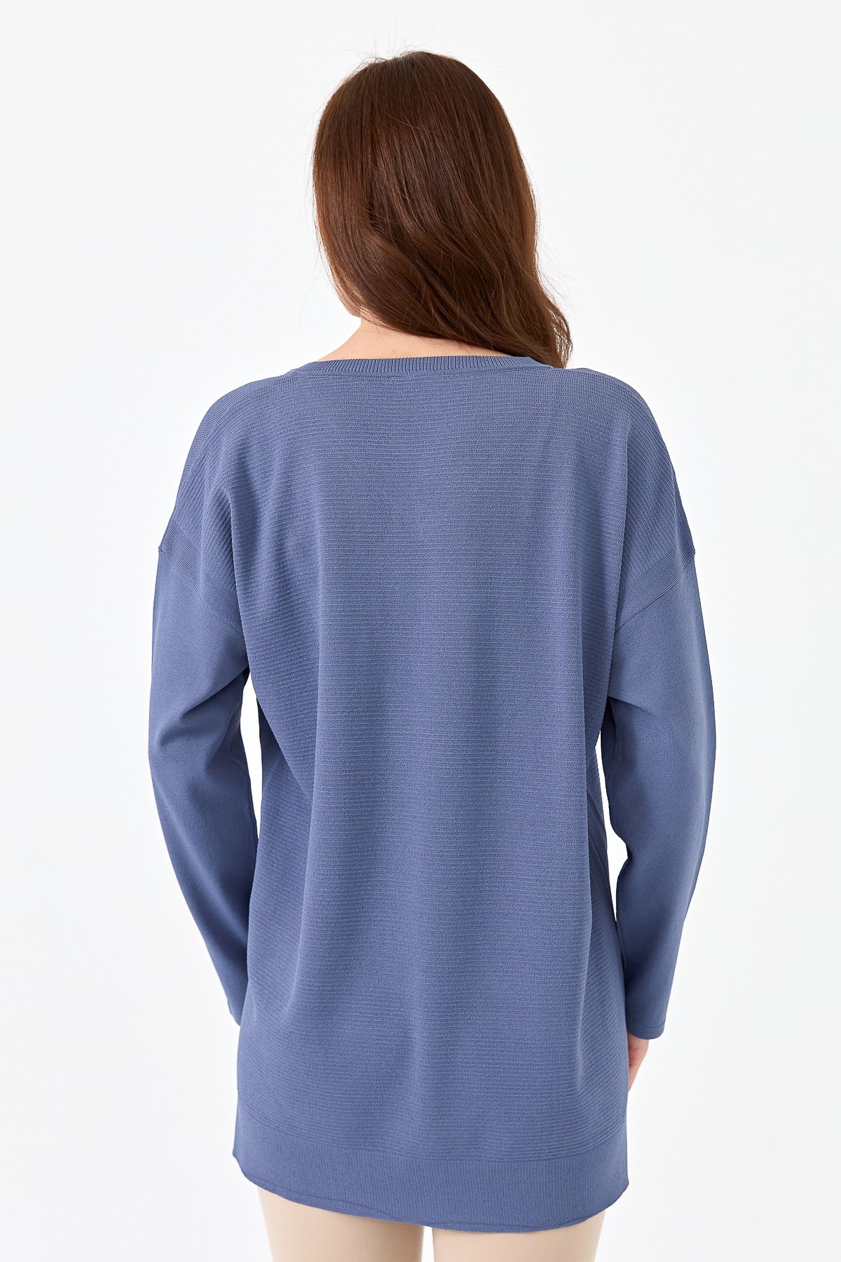 20352Kadın V Yaka İnce Triko Bluz İndigo