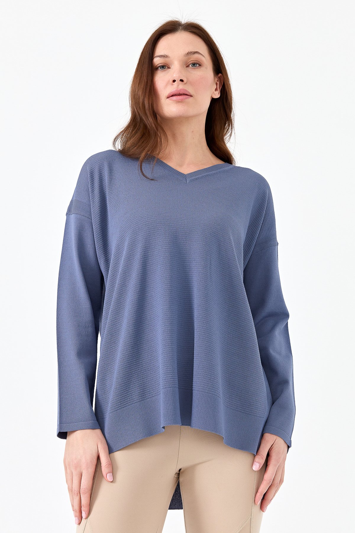20352Kadın V Yaka İnce Triko Bluz İndigo
