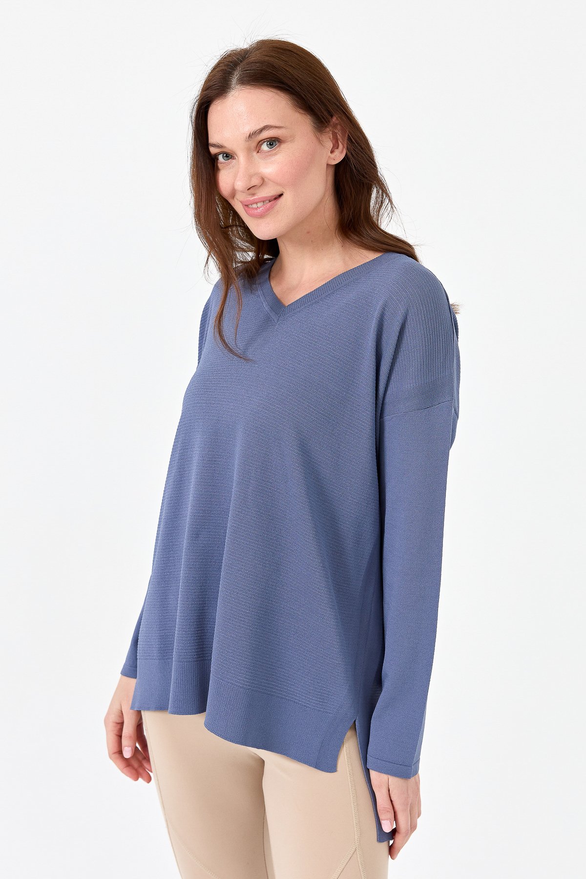 20352Kadın V Yaka İnce Triko Bluz İndigo