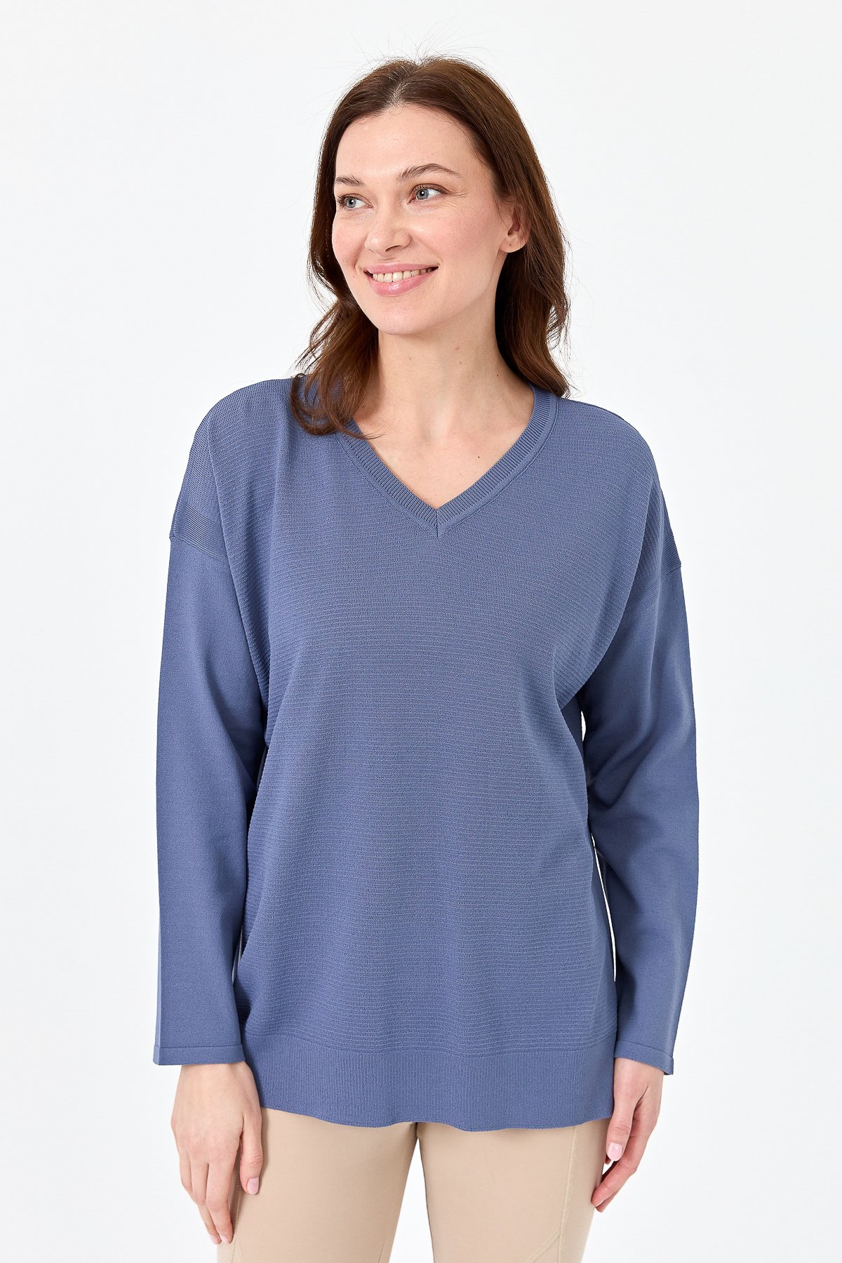 20352Kadın V Yaka İnce Triko Bluz İndigo