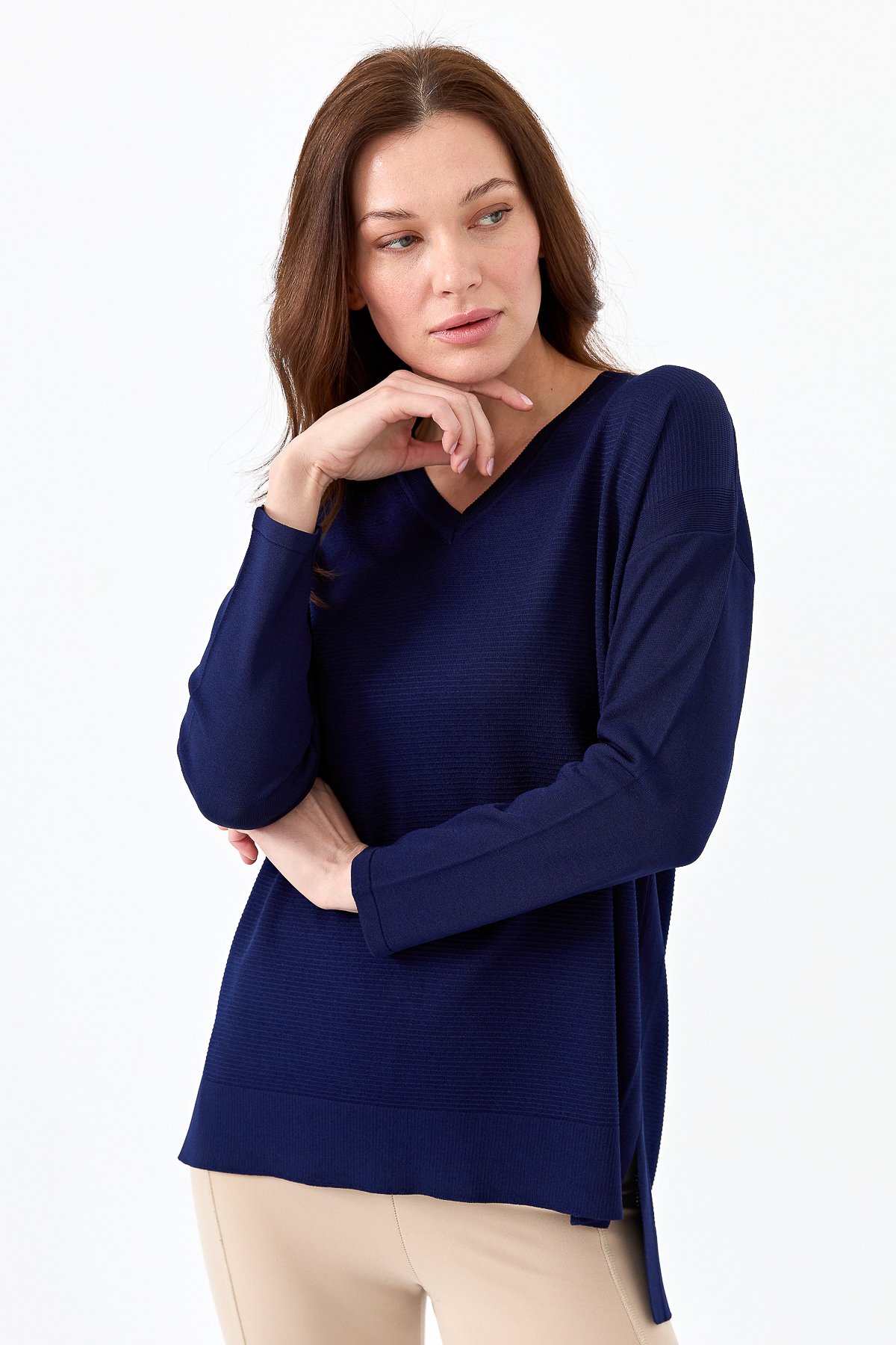 20352Kadın V Yaka İnce Triko Bluz Lacivert