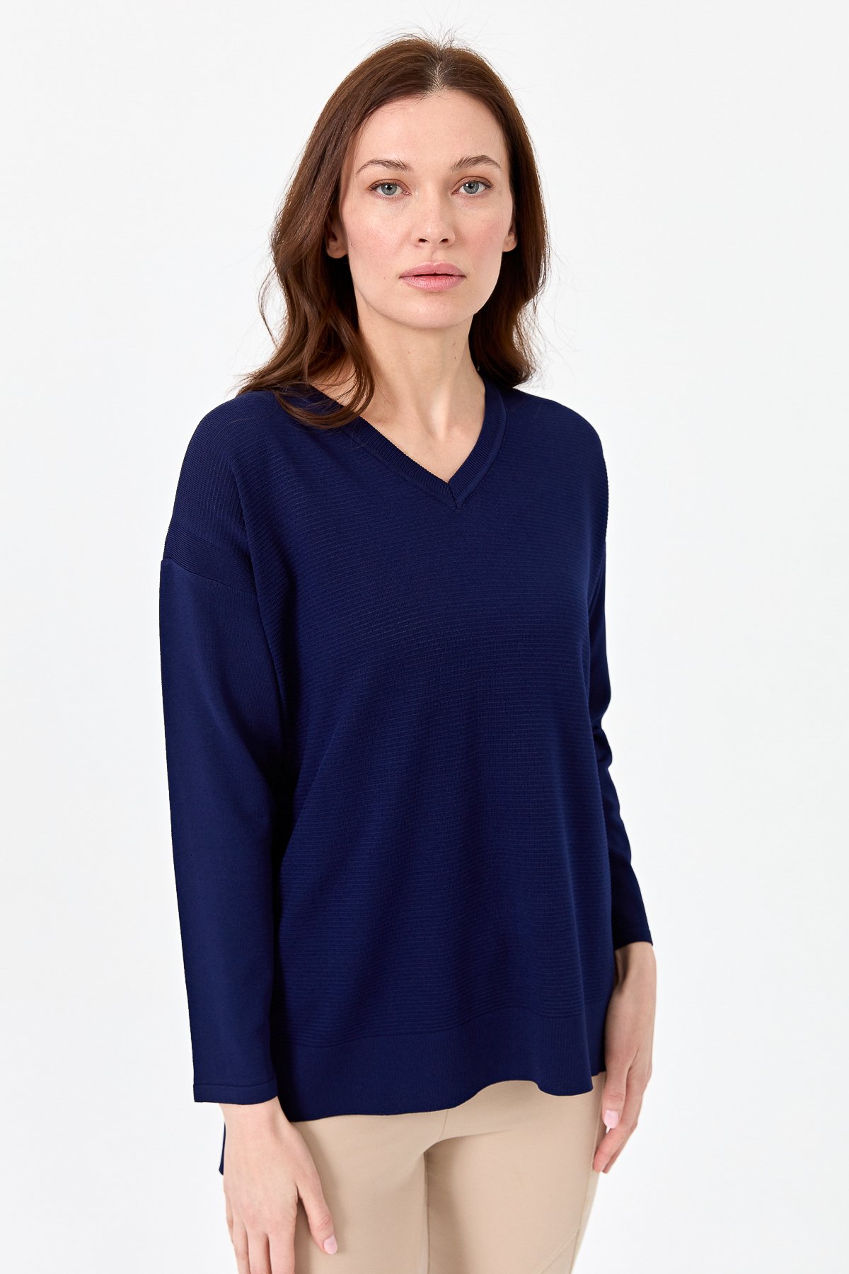 20352Kadın V Yaka İnce Triko Bluz Lacivert