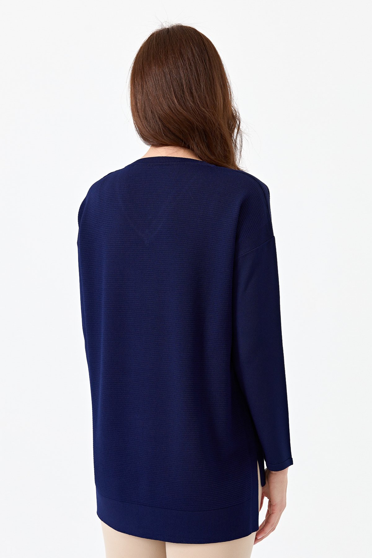 20352Kadın V Yaka İnce Triko Bluz Lacivert