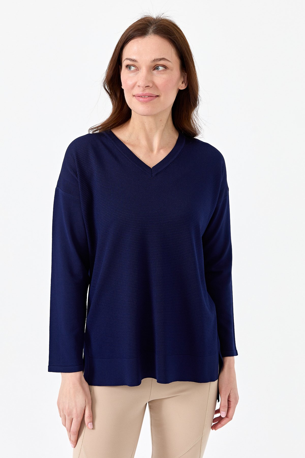 20352Kadın V Yaka İnce Triko Bluz Lacivert