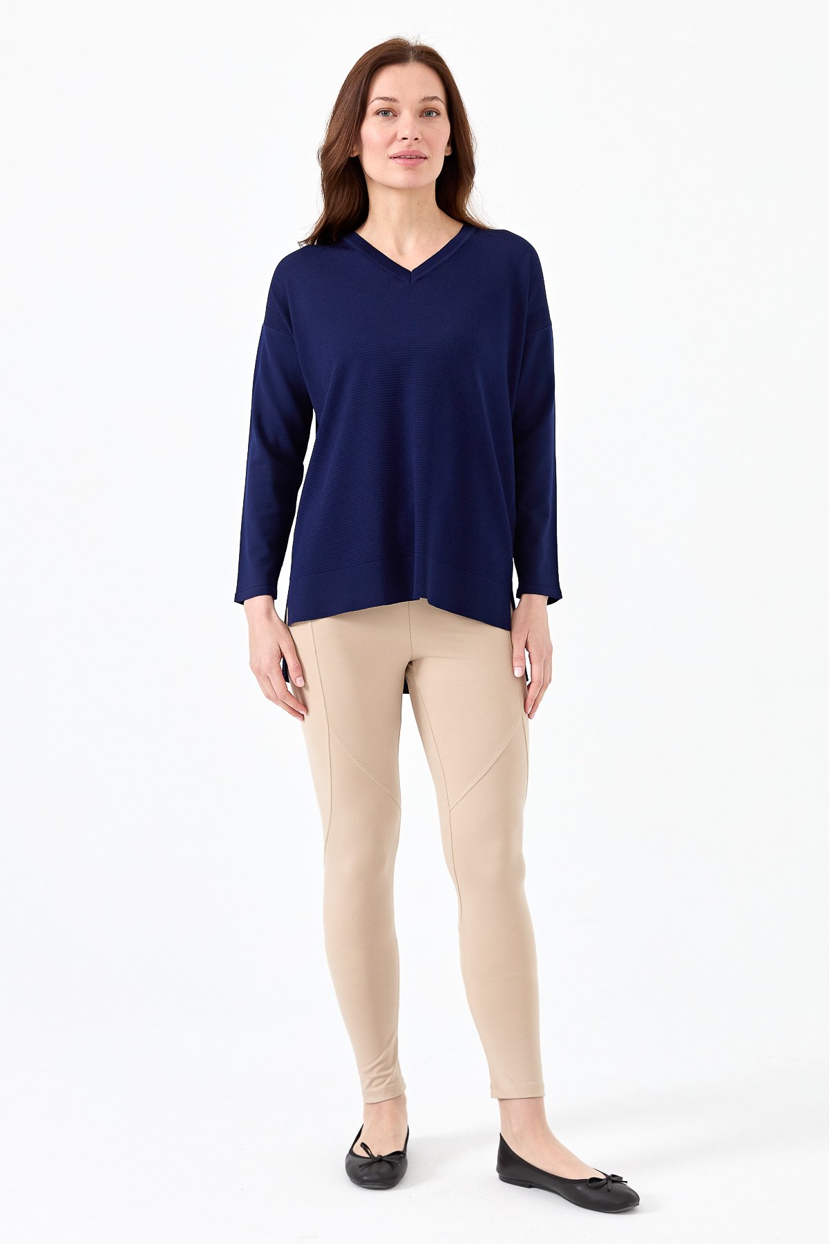 20352Kadın V Yaka İnce Triko Bluz Lacivert