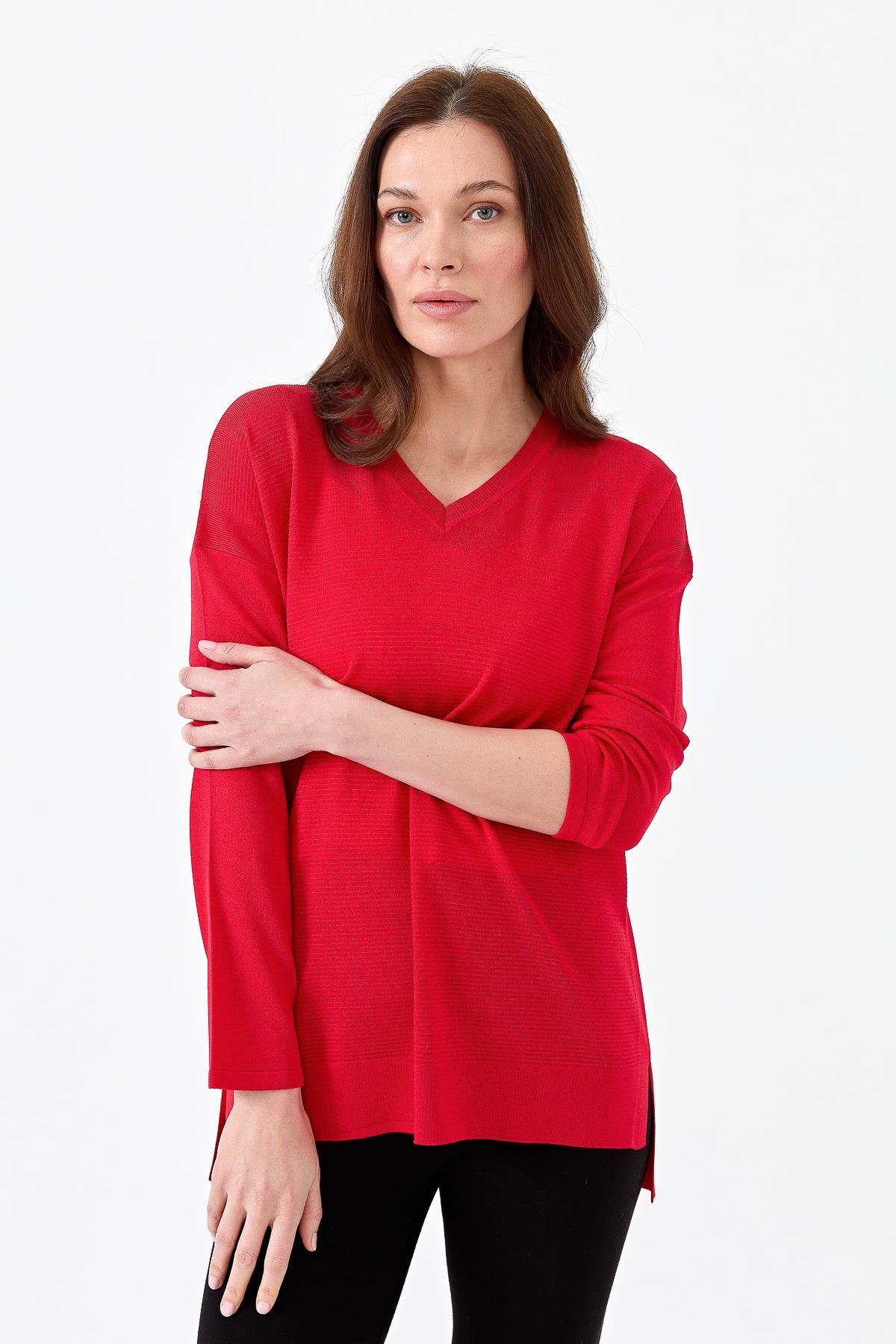 20352Kadın V Yaka İnce Triko Bluz N.Çiçeği