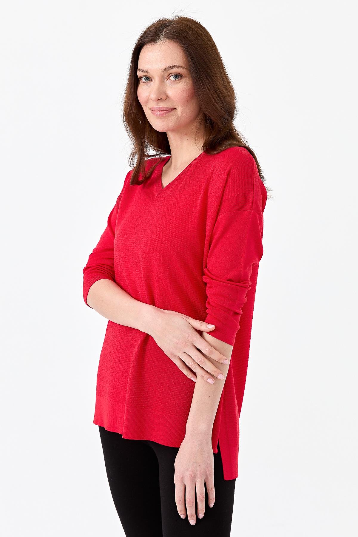 20352Kadın V Yaka İnce Triko Bluz N.Çiçeği