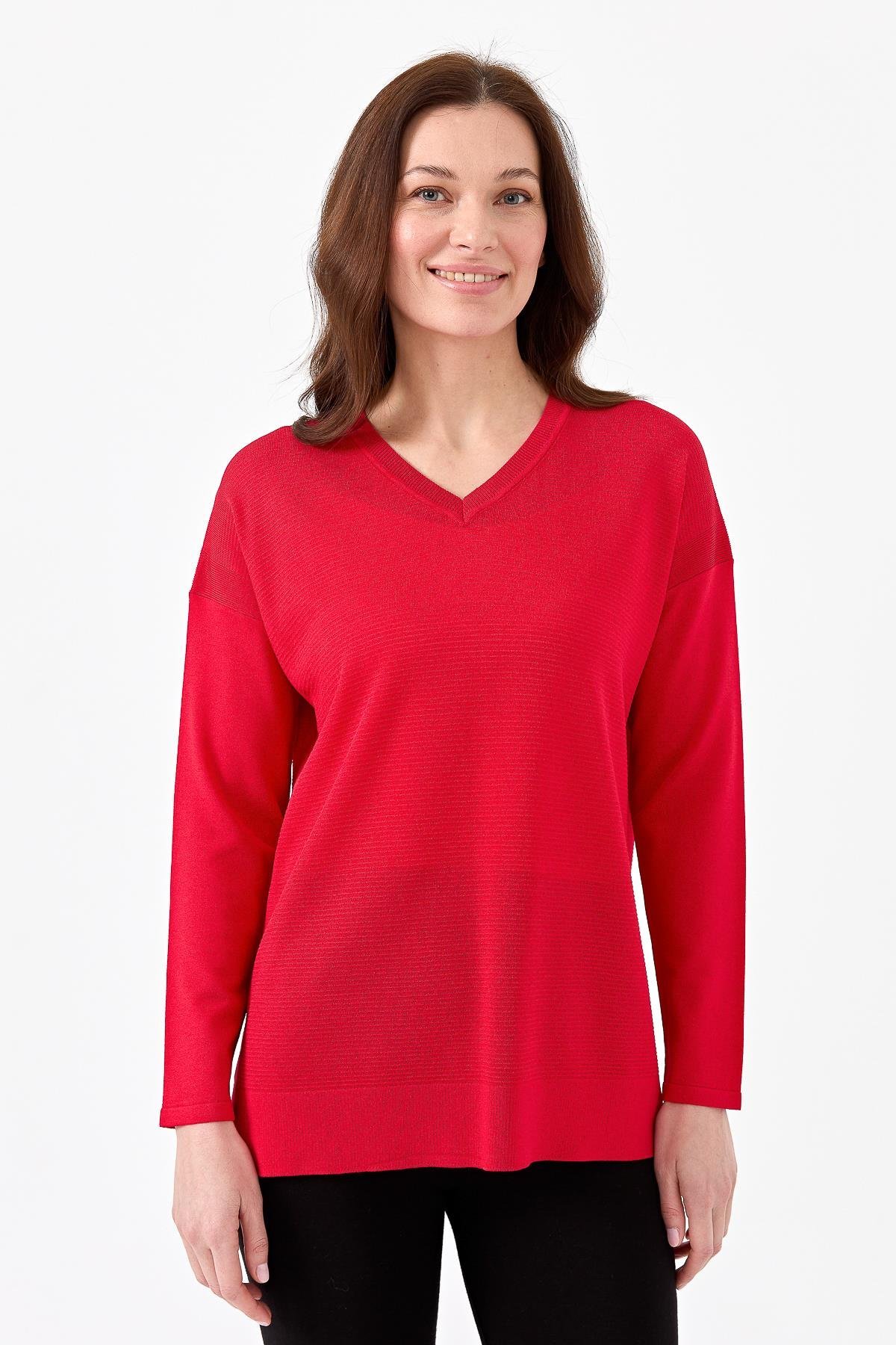 20352Kadın V Yaka İnce Triko Bluz N.Çiçeği