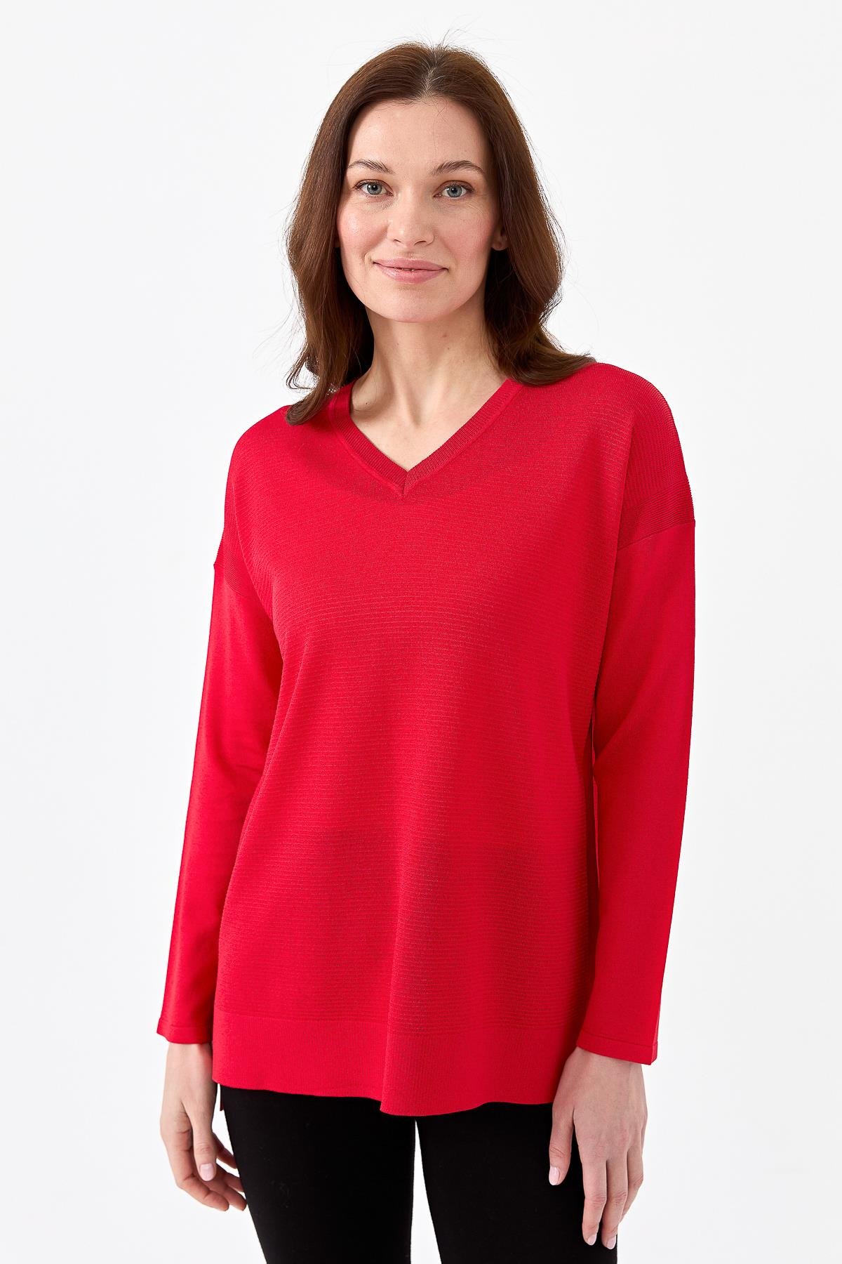 20352Kadın V Yaka İnce Triko Bluz N.Çiçeği