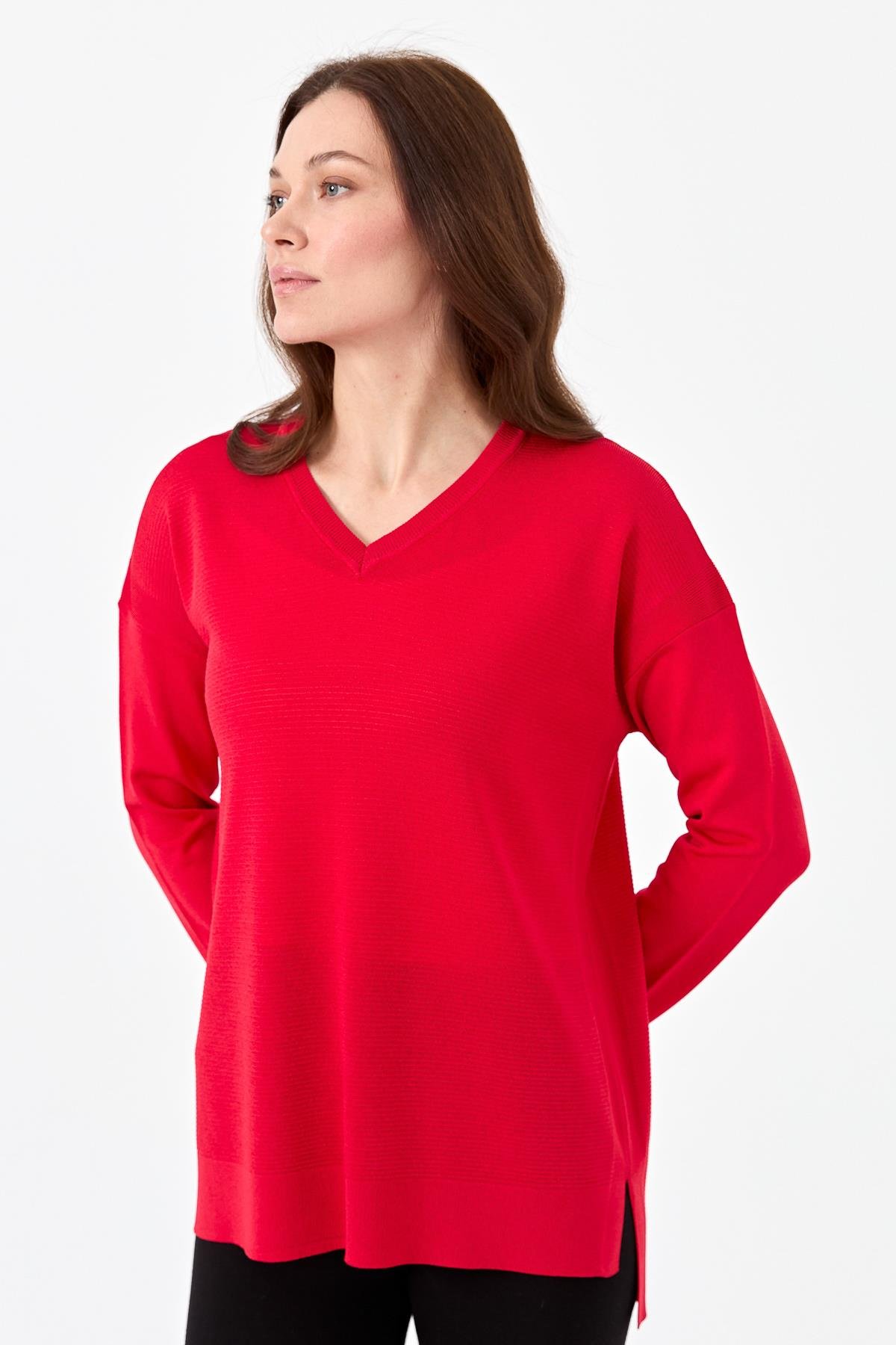 20352Kadın V Yaka İnce Triko Bluz N.Çiçeği