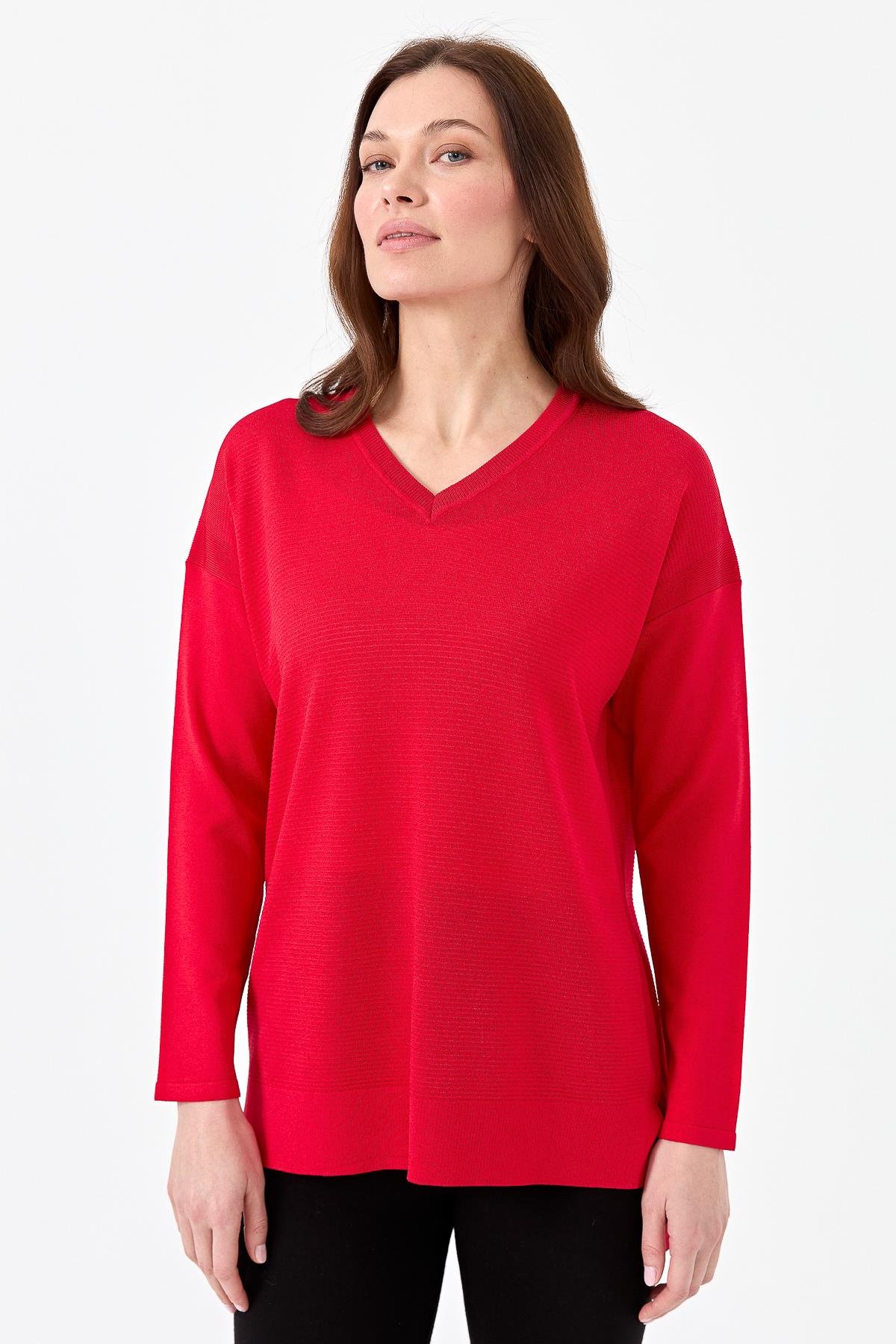 20352Kadın V Yaka İnce Triko Bluz N.Çiçeği