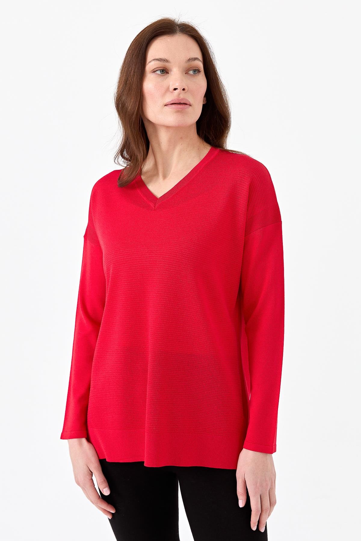 20352Kadın V Yaka İnce Triko Bluz N.Çiçeği