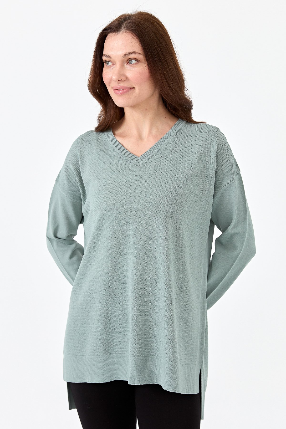 20352Kadın V Yaka İnce Triko Bluz S.blue