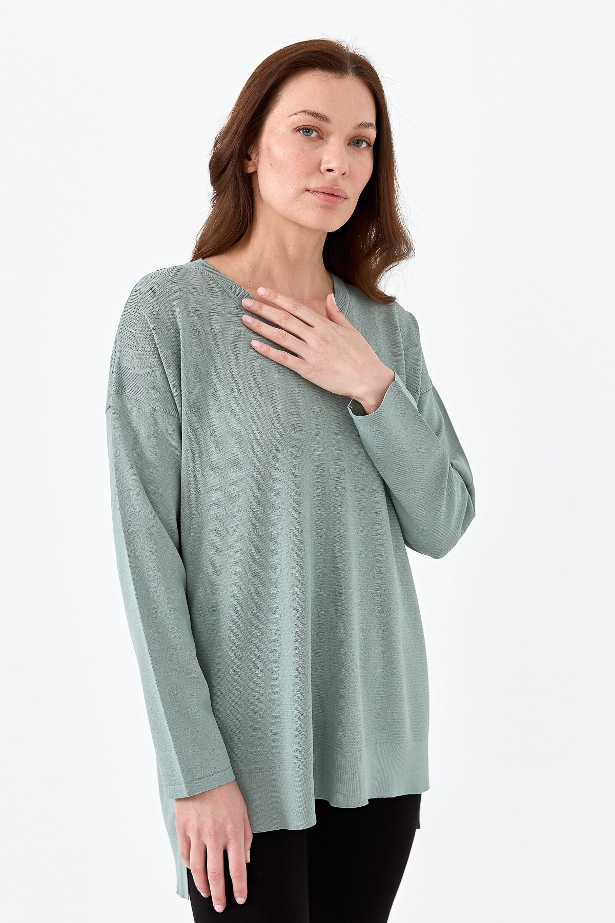 20352Kadın V Yaka İnce Triko Bluz S.blue