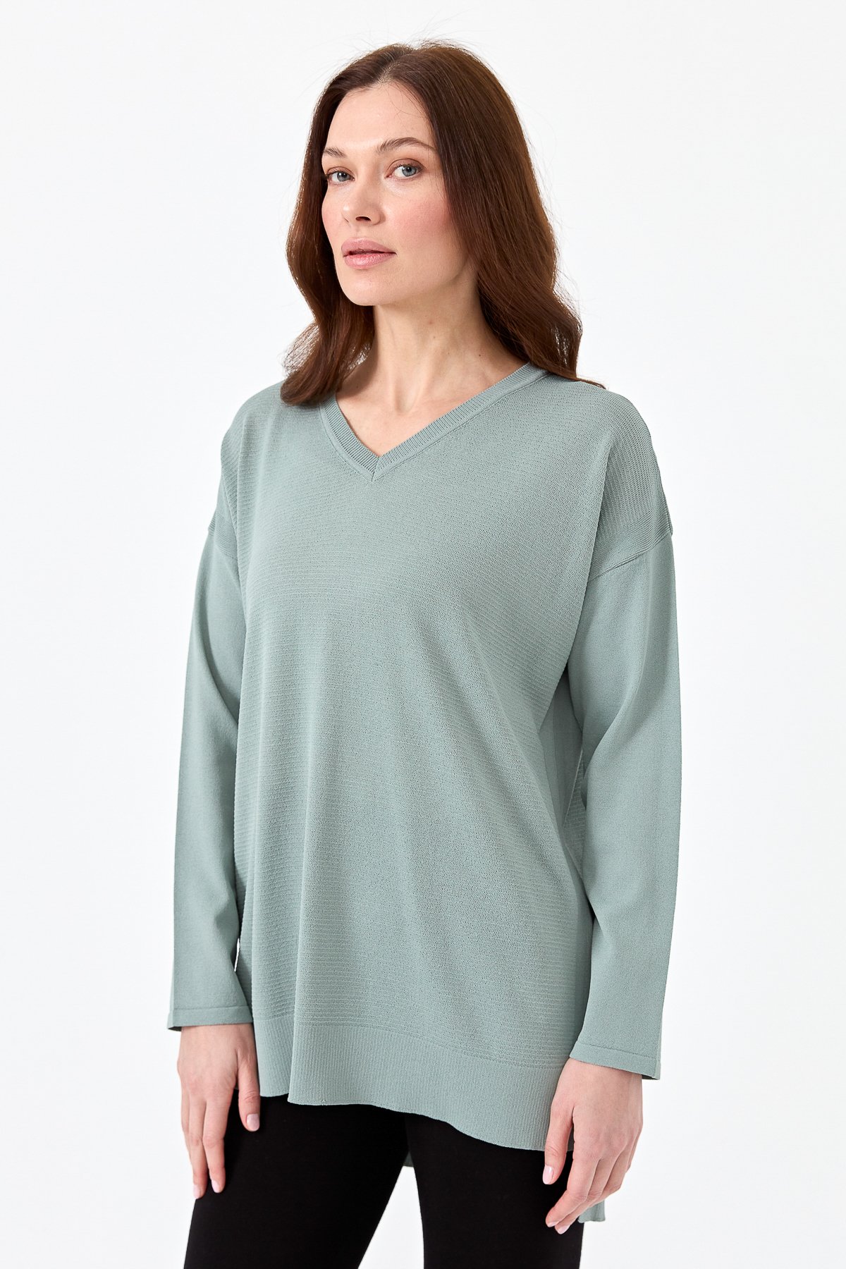 20352Kadın V Yaka İnce Triko Bluz S.blue