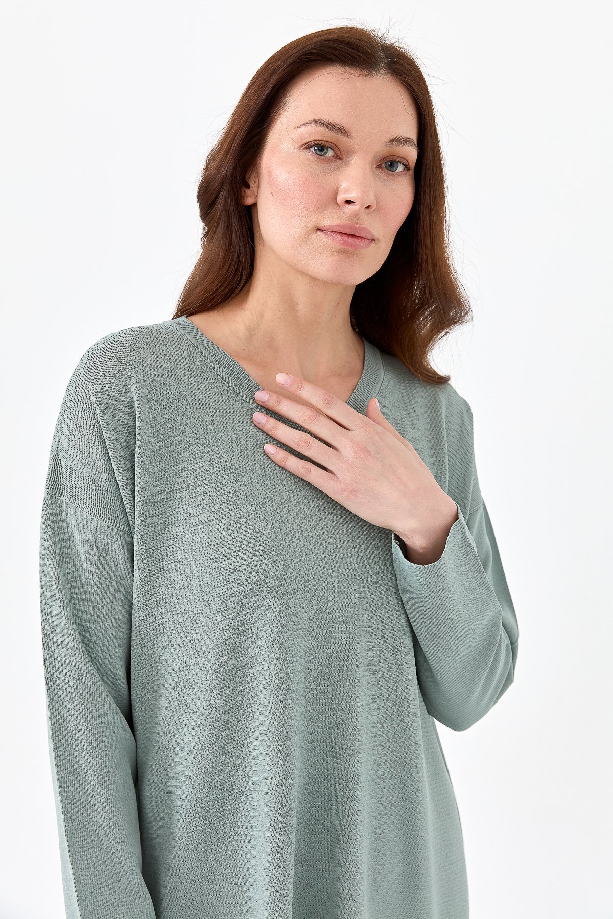 20352Kadın V Yaka İnce Triko Bluz S.blue