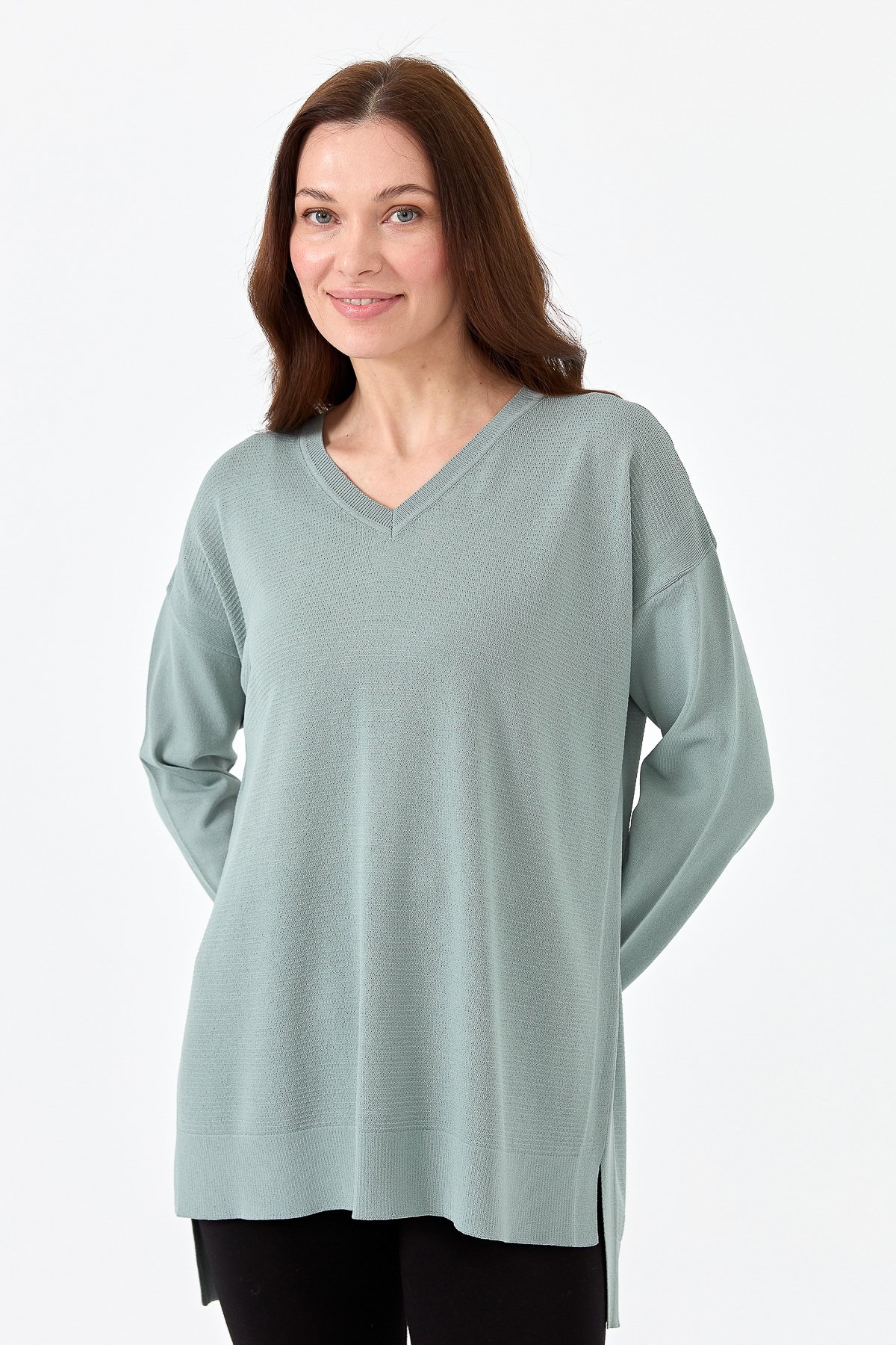 20352Kadın V Yaka İnce Triko Bluz S.blue