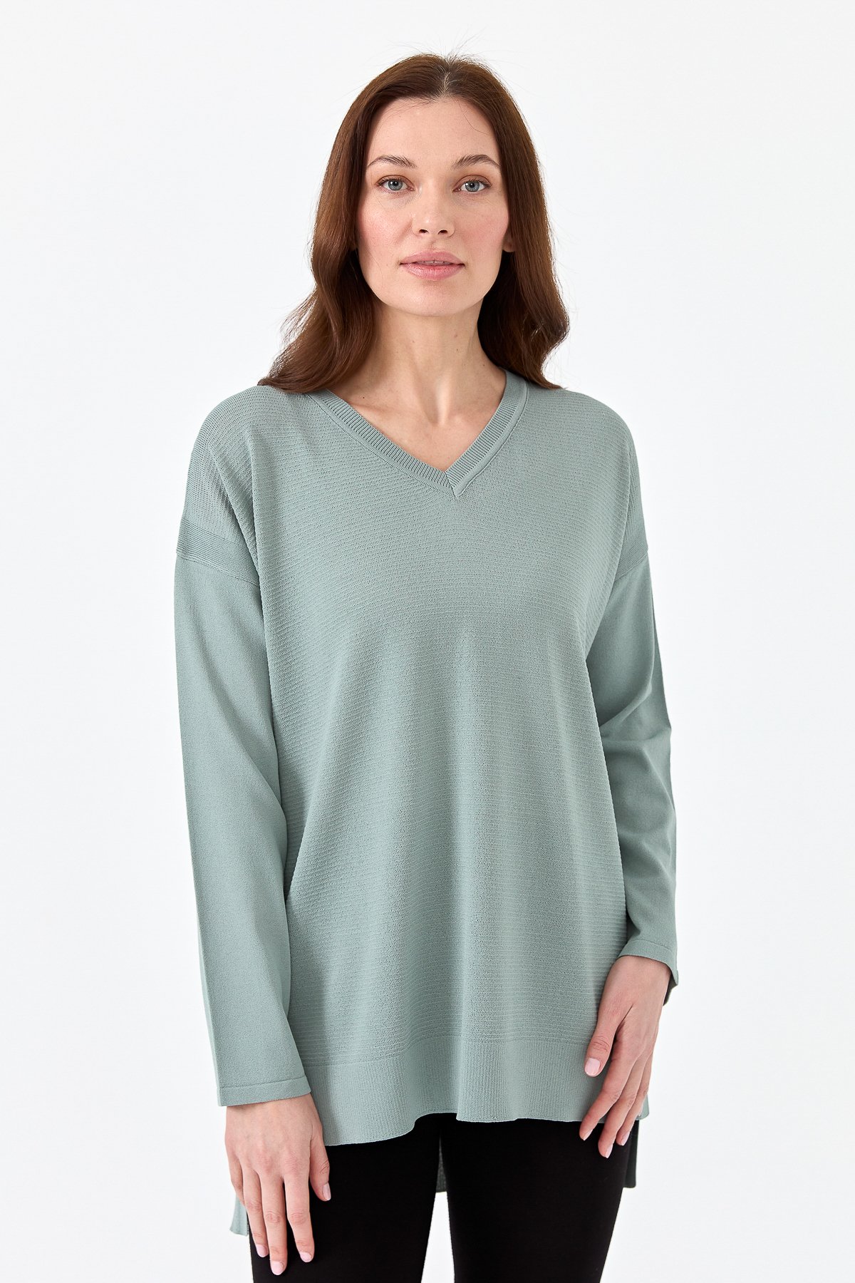 20352Kadın V Yaka İnce Triko Bluz S.blue