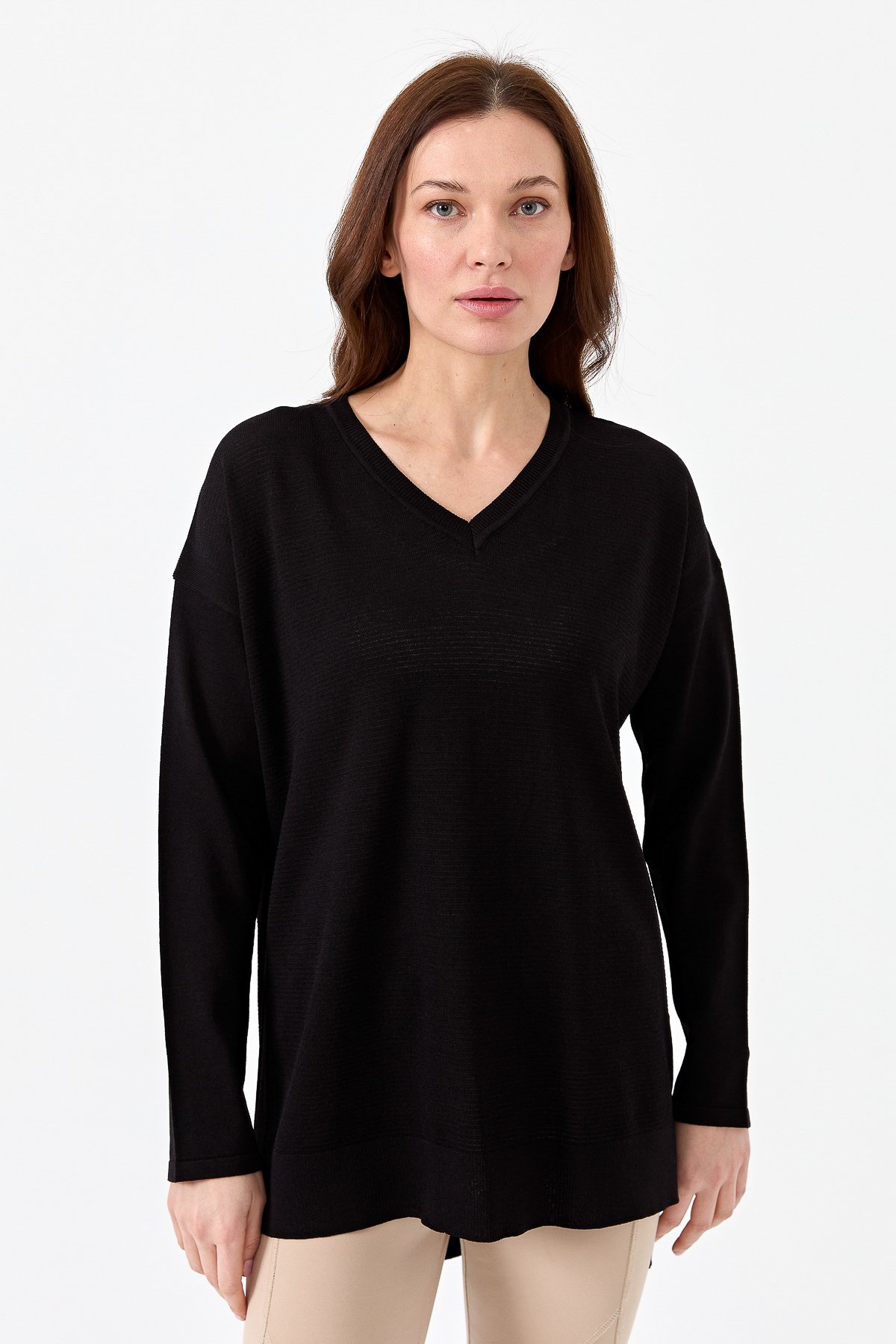 20352Kadın V Yaka İnce Triko Bluz Siyah