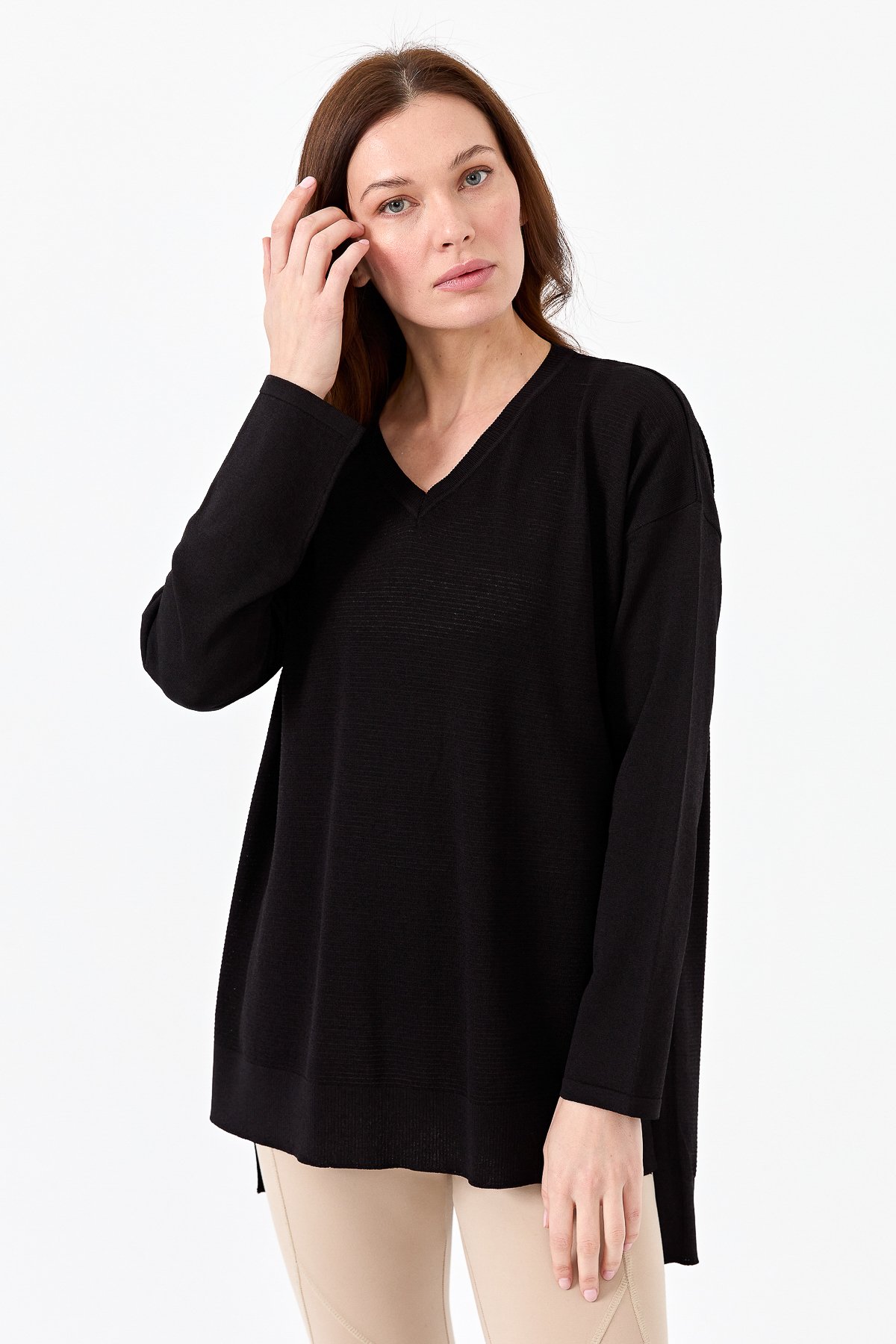 20352Kadın V Yaka İnce Triko Bluz Siyah