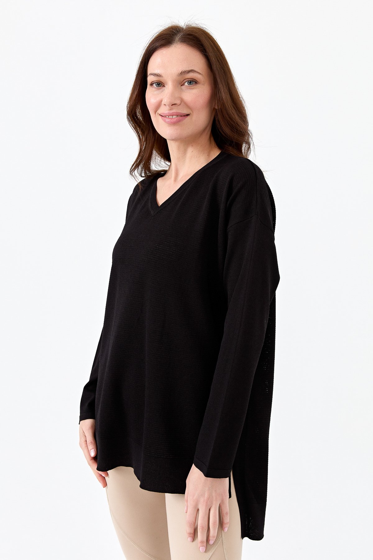 20352Kadın V Yaka İnce Triko Bluz Siyah