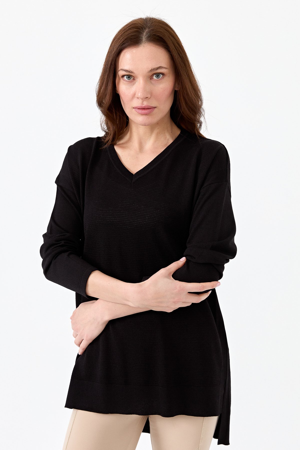 20352Kadın V Yaka İnce Triko Bluz Siyah