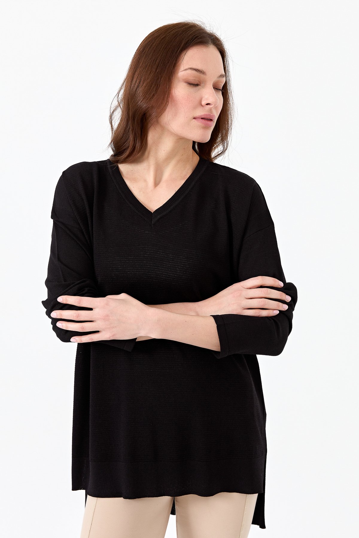20352Kadın V Yaka İnce Triko Bluz Siyah