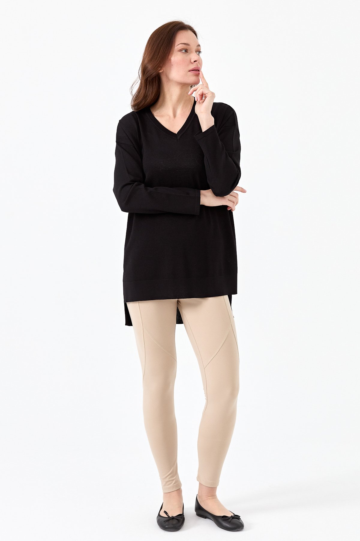 20352Kadın V Yaka İnce Triko Bluz Siyah